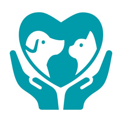 Teal icon of hands cradling a heart containing silhouettes of a dog and a cat facing each other.