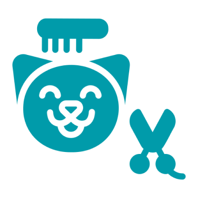 Icon of a smiling cat head with a comb above and scissors beside it, representing pet grooming.