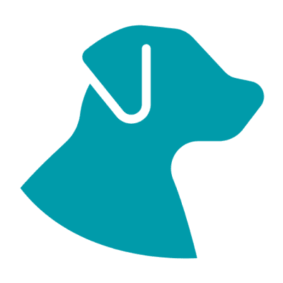 Silhouette of a dog's head in teal, facing right.